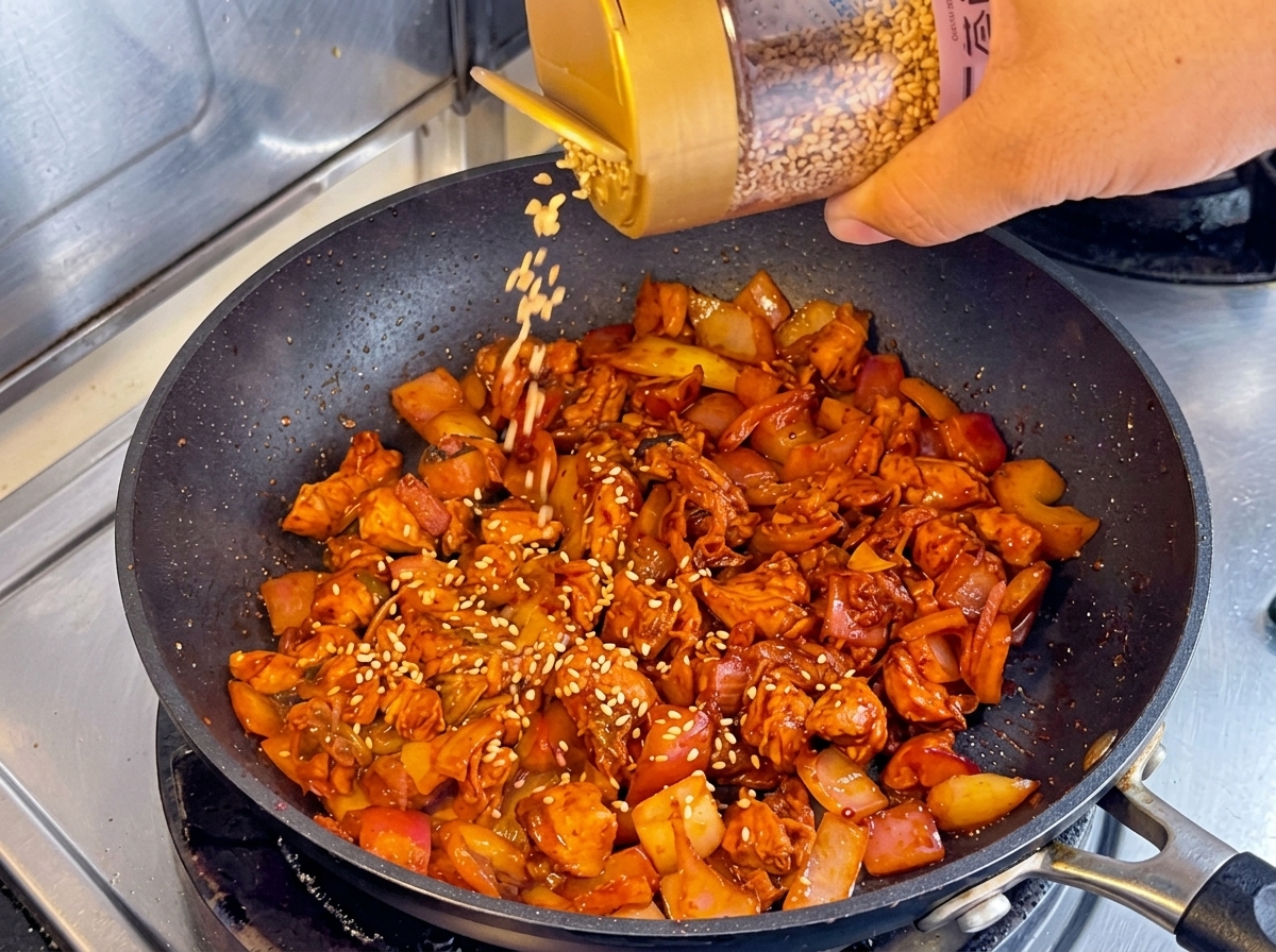 A hand shaking a bottle of white sesame seeds over a pan filled with stir-fried kimchi and chicken.