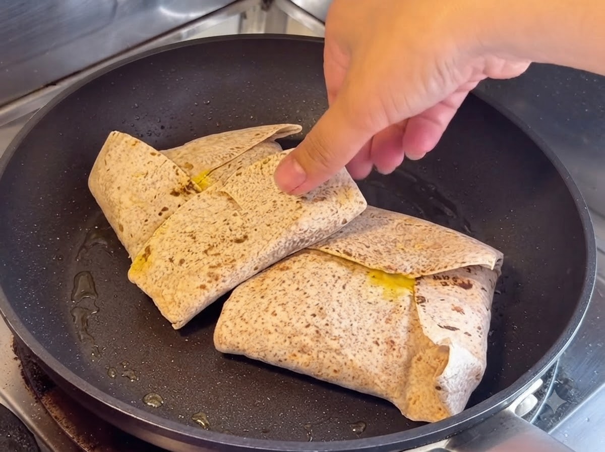 Two folded whole wheat flatbreads in a dry black skillet with a hand pressing down slightly.