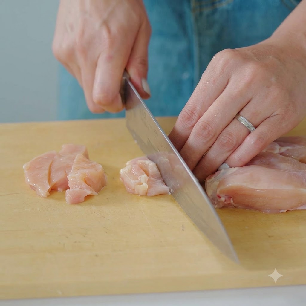Chicken breast being cut into small pieces on a wooden cutting board with a sharp knife.