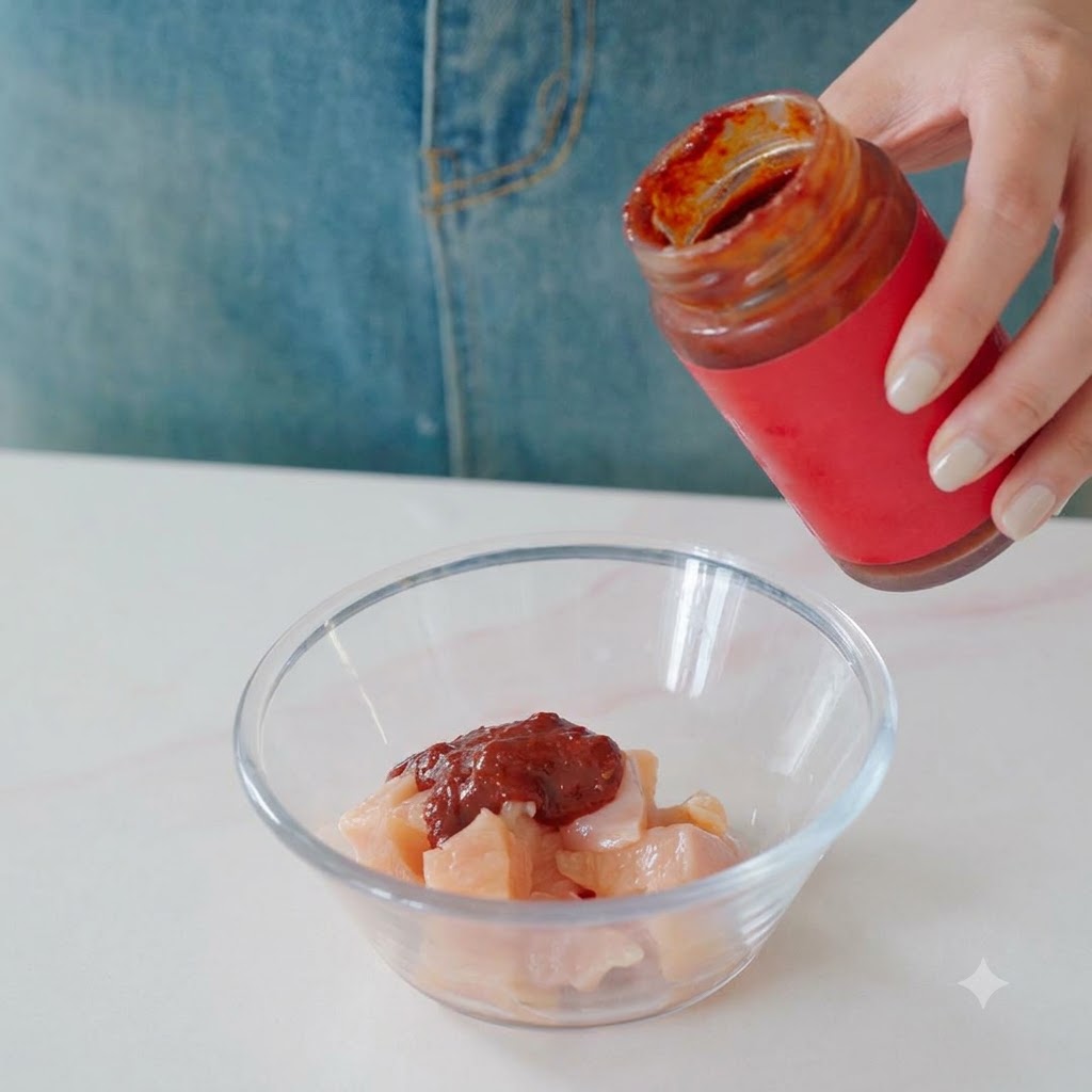 Korean chili paste and other seasonings being poured from a jar into a glass bowl with chicken pieces.