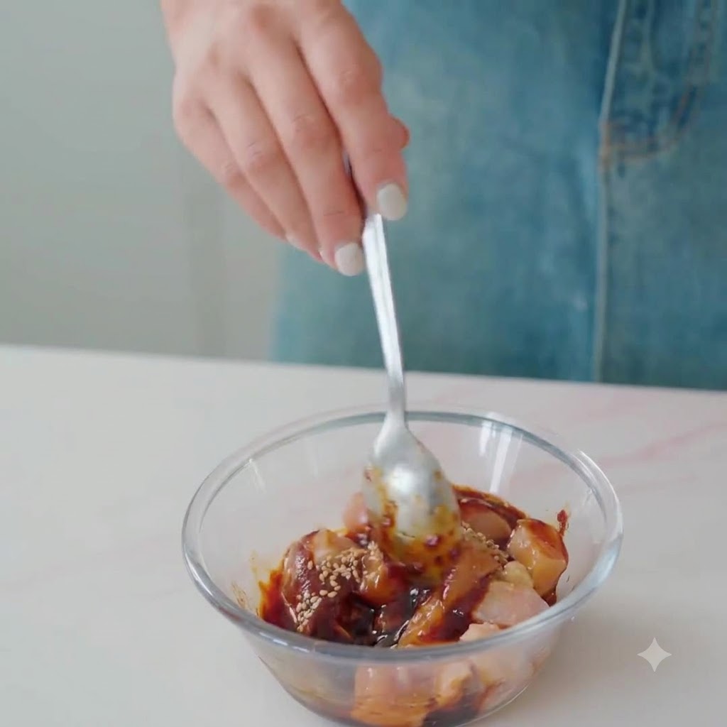 A spoon mixing the chicken and marinade ingredients together in a glass bowl.