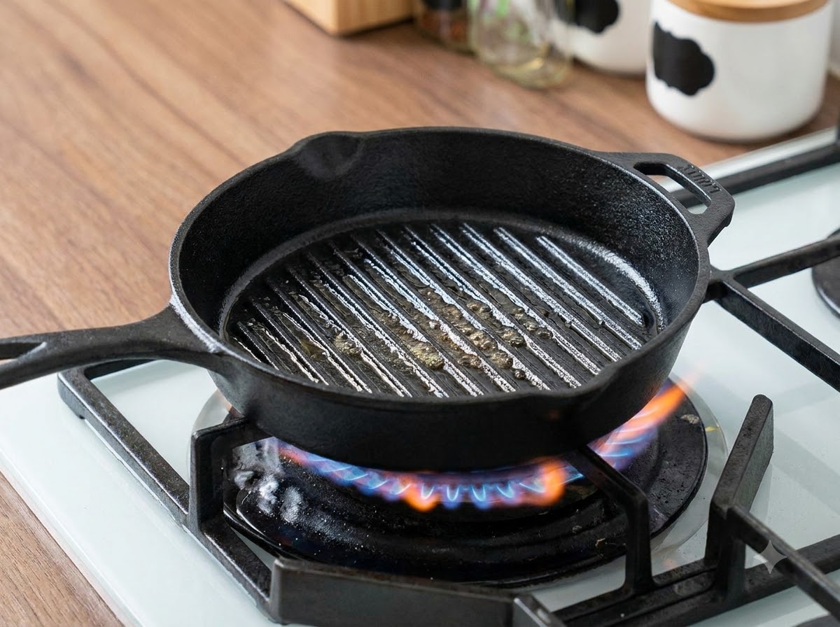 A hot greased black grill pan sitting over a blue gas flame on the stove.