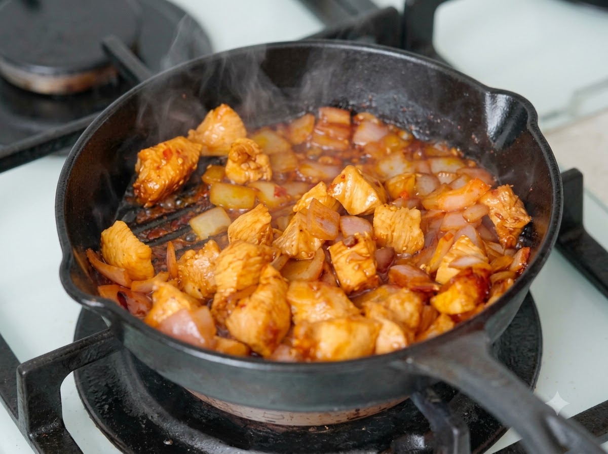 A cooking pan filled with steaming chicken and onion pieces being mixed together.