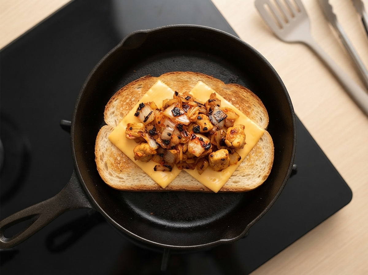 The prepared kimchi chicken mixture spooned onto the cheese slice on the bread.