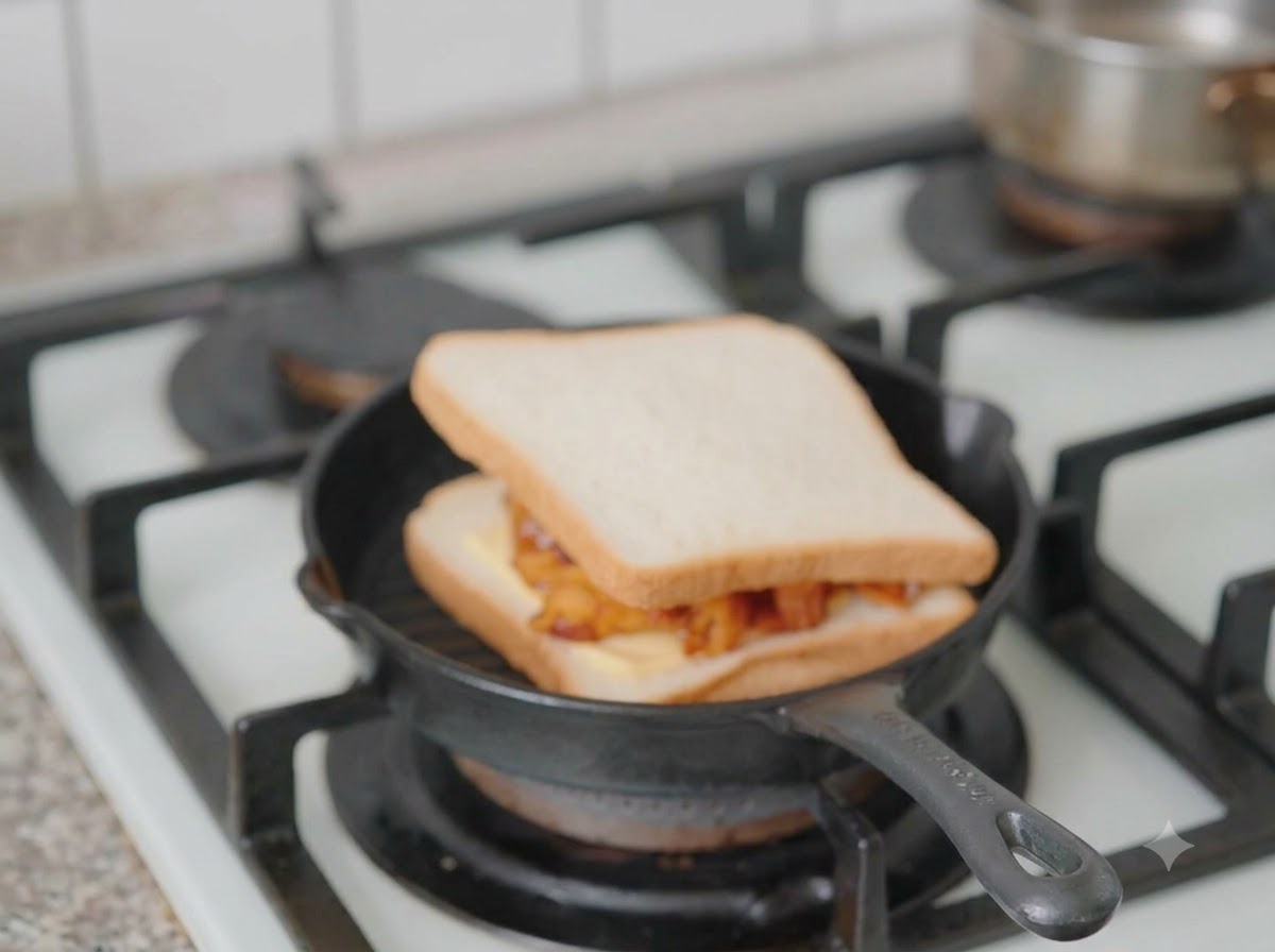 A fully assembled sandwich in the grill pan with a heavy lid pressing down on it.