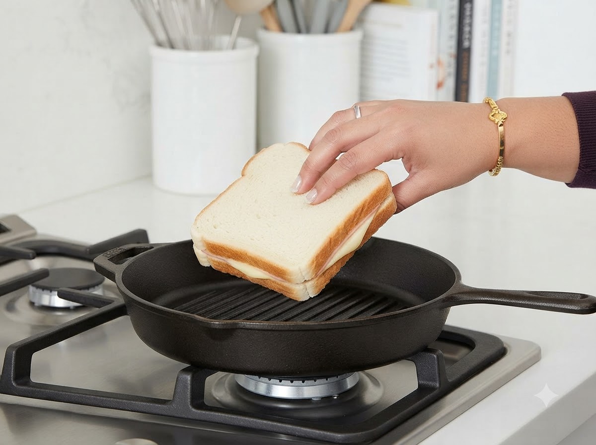 A hand flipping the sandwich inside the hot grill pan.