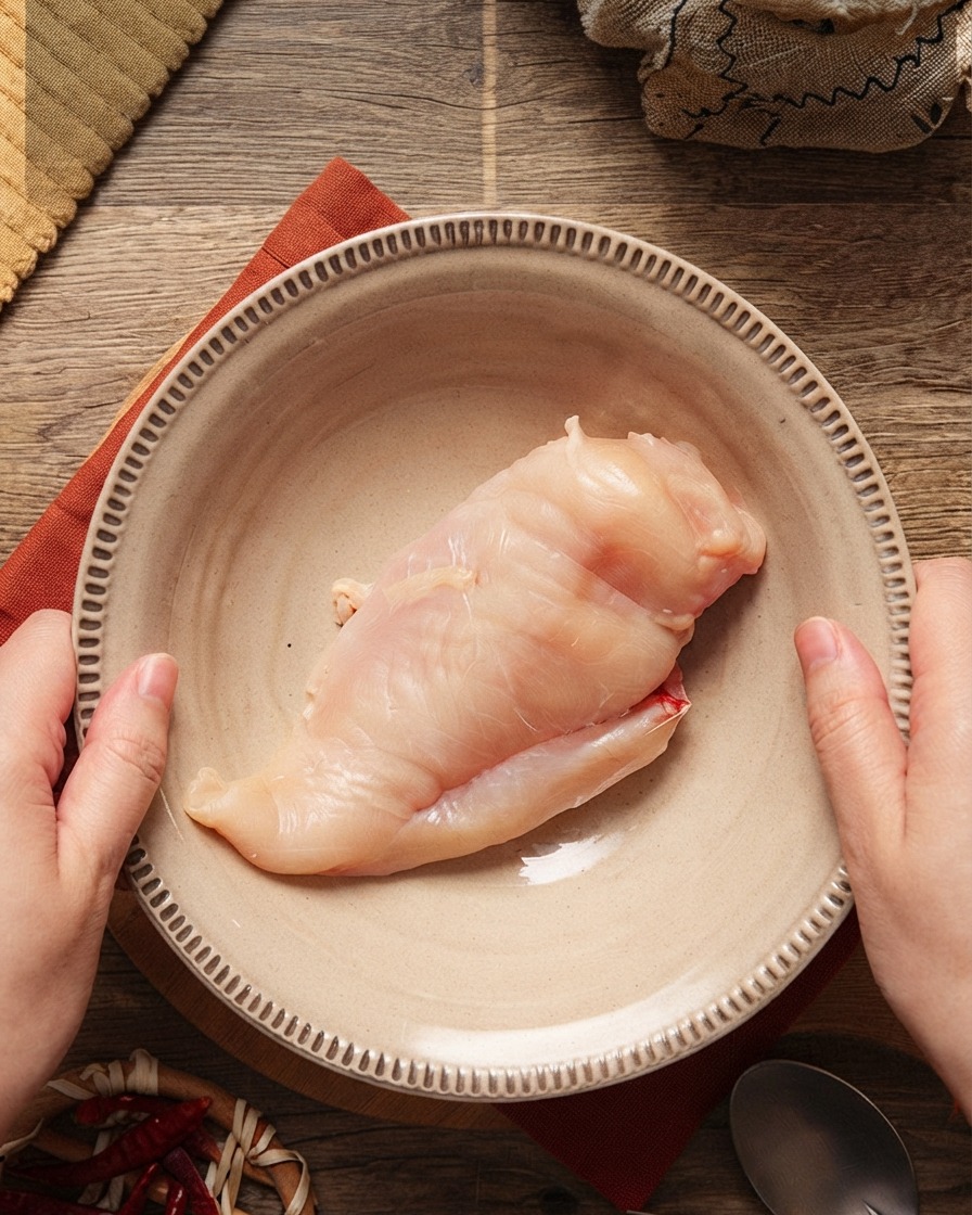 Chicken breast pieces in a bowl with various seasonings being added.
