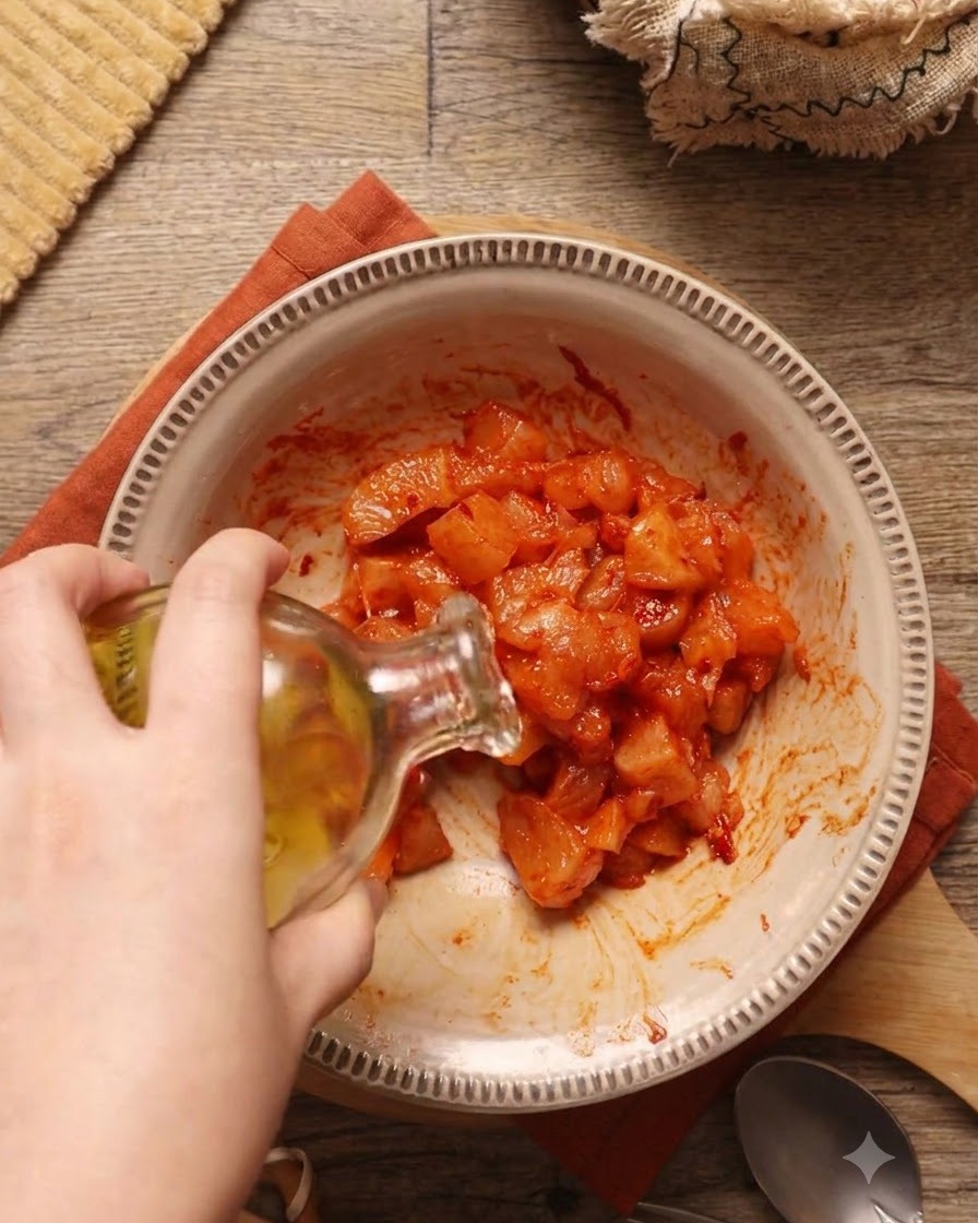 Olive oil being poured into a bowl of marinated chicken.