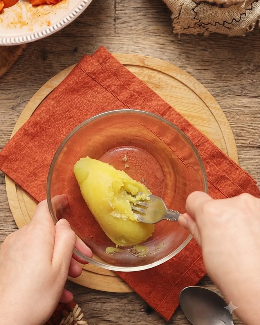 A boiled potato being mashed in a bowl using a fork.