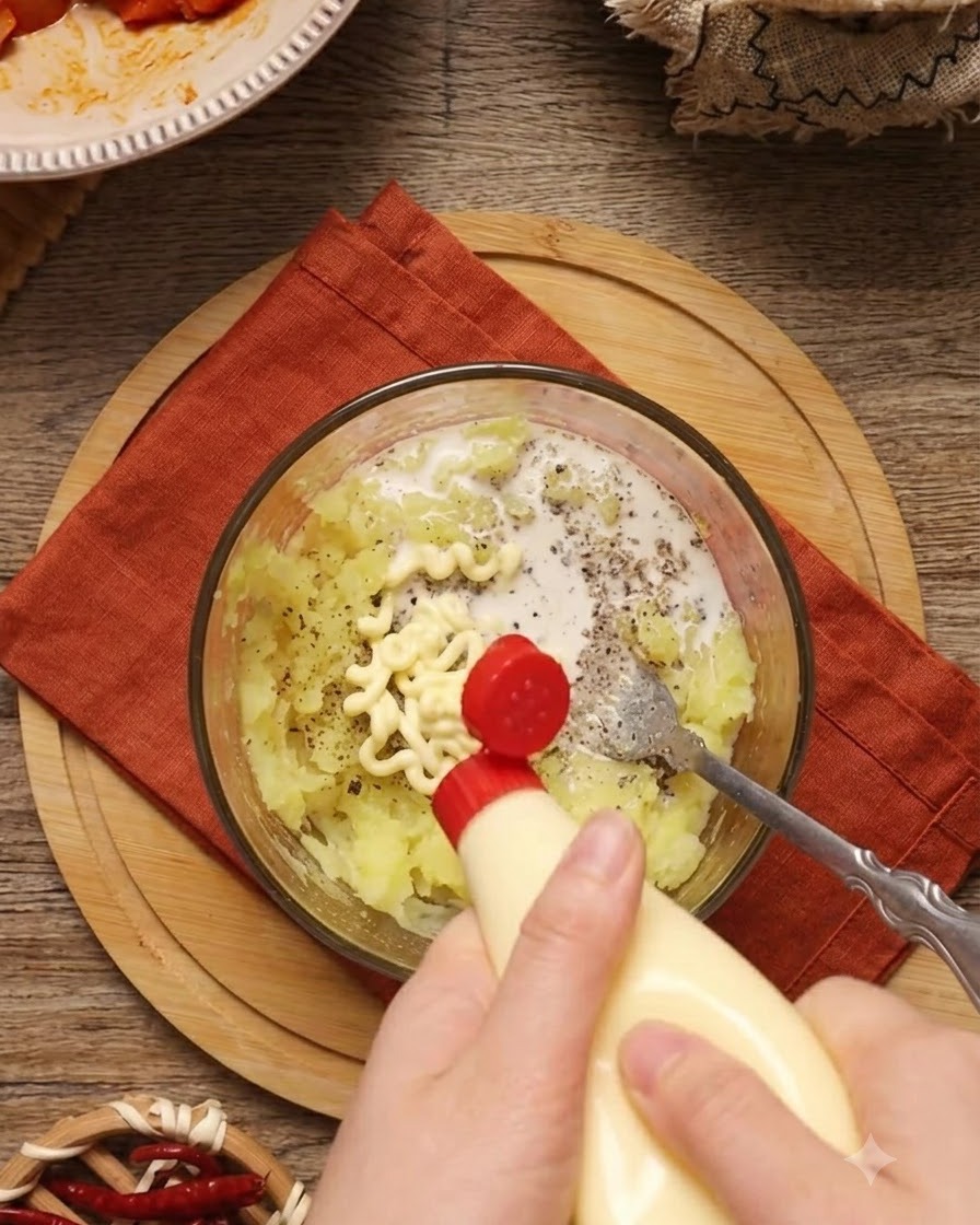 Mayonnaise and milk being added to a bowl of mashed potatoes.