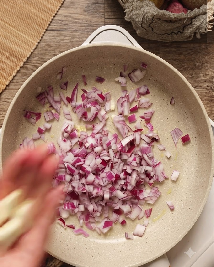 Chopped onions and minced garlic cooking in a greased frying pan.