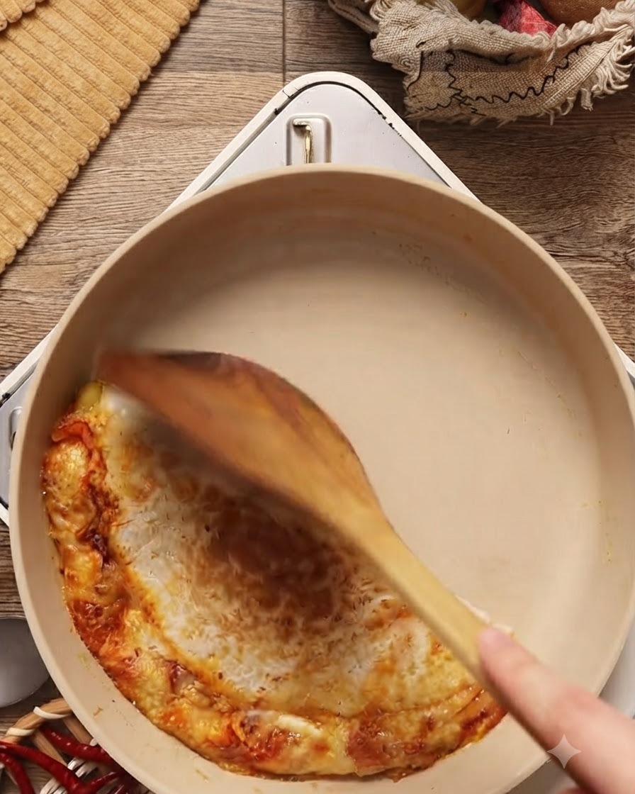 Kimchi and marinated chicken cooking and being stirred in a frying pan with a wooden spatula.