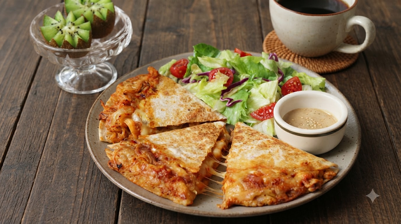 A golden-brown cheesy kimchi chicken quesadilla sliced into triangles, served with a fresh salad and a cup of coffee.