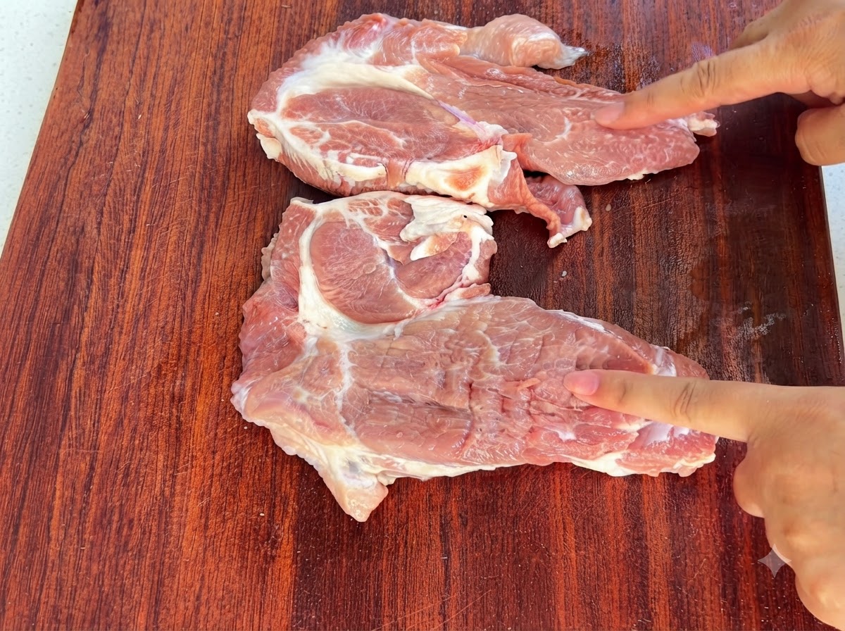 Pork shoulder meat slices being pounded with the back of a knife on a wooden cutting board.