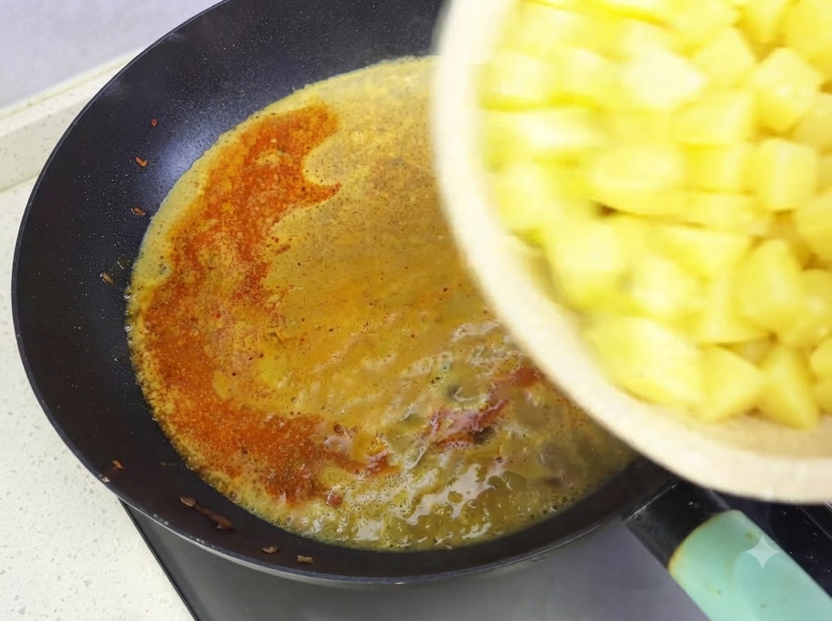 A hand pouring a bowl of diced yellow potatoes into a dark pan with simmering curry sauce.