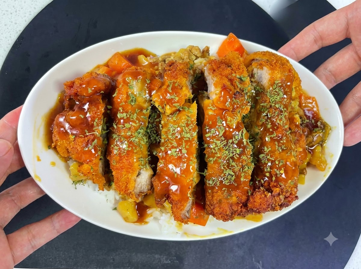 A breaded pork cutlet frying in hot oil until golden brown and crispy.