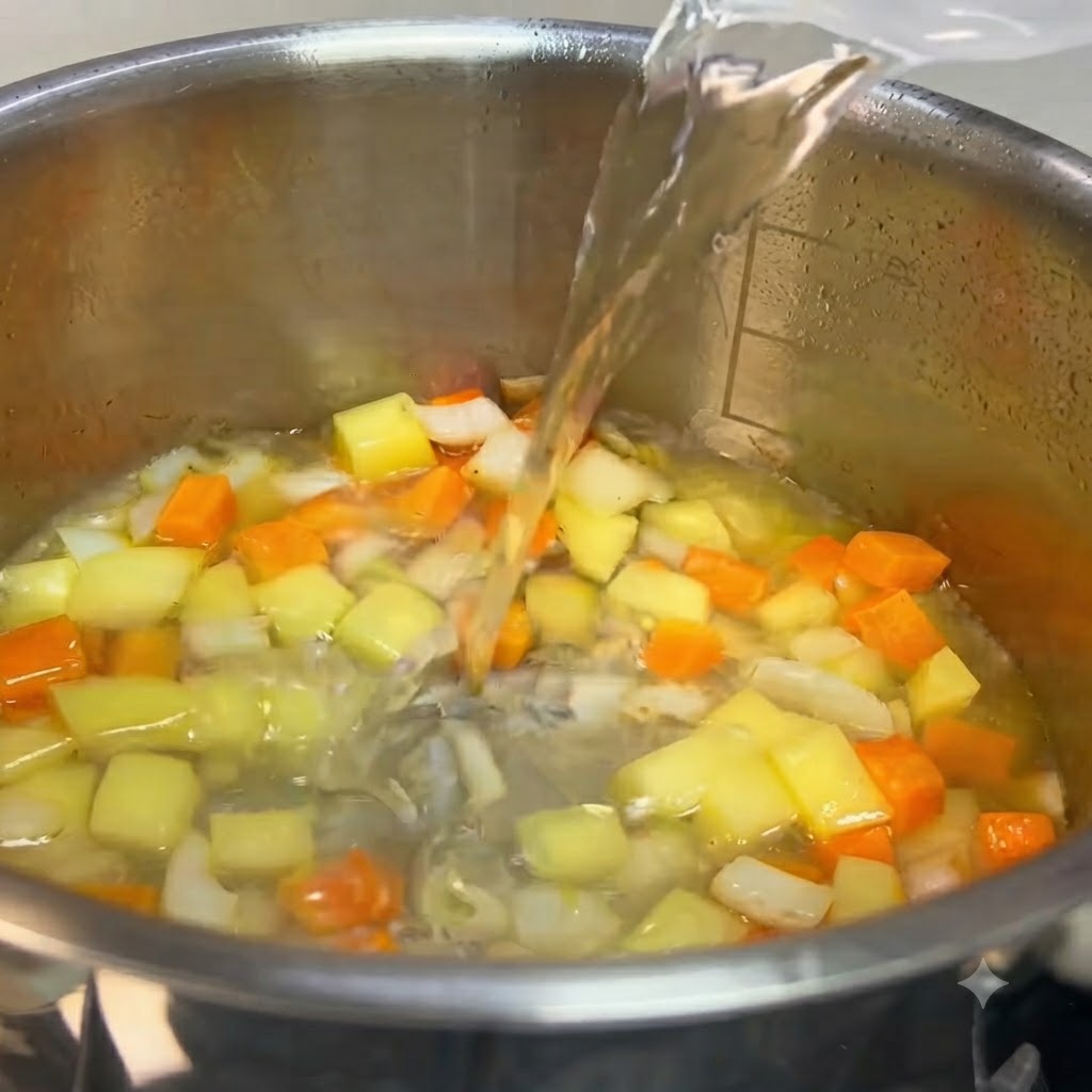 Curry cubes and liquid being poured into a pot of chopped vegetables like potatoes and carrots.