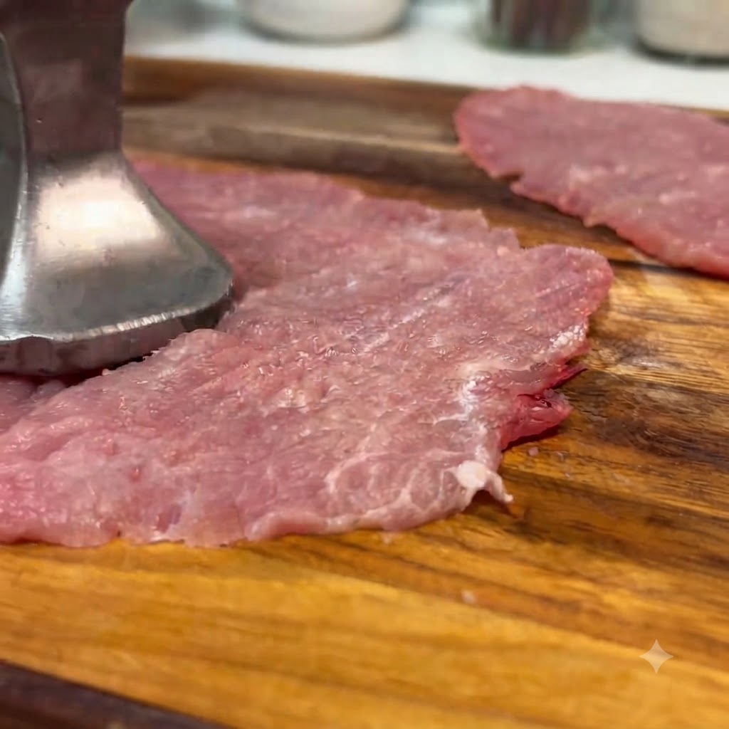 A metal meat mallet flattening a slice of raw pork loin on a wooden cutting board.