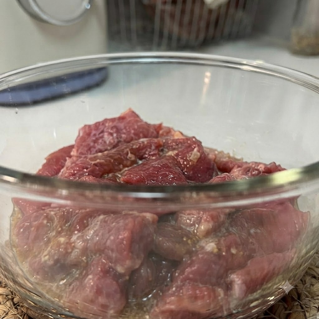 Glossy, marinated pieces of raw pork resting in a clear glass bowl.