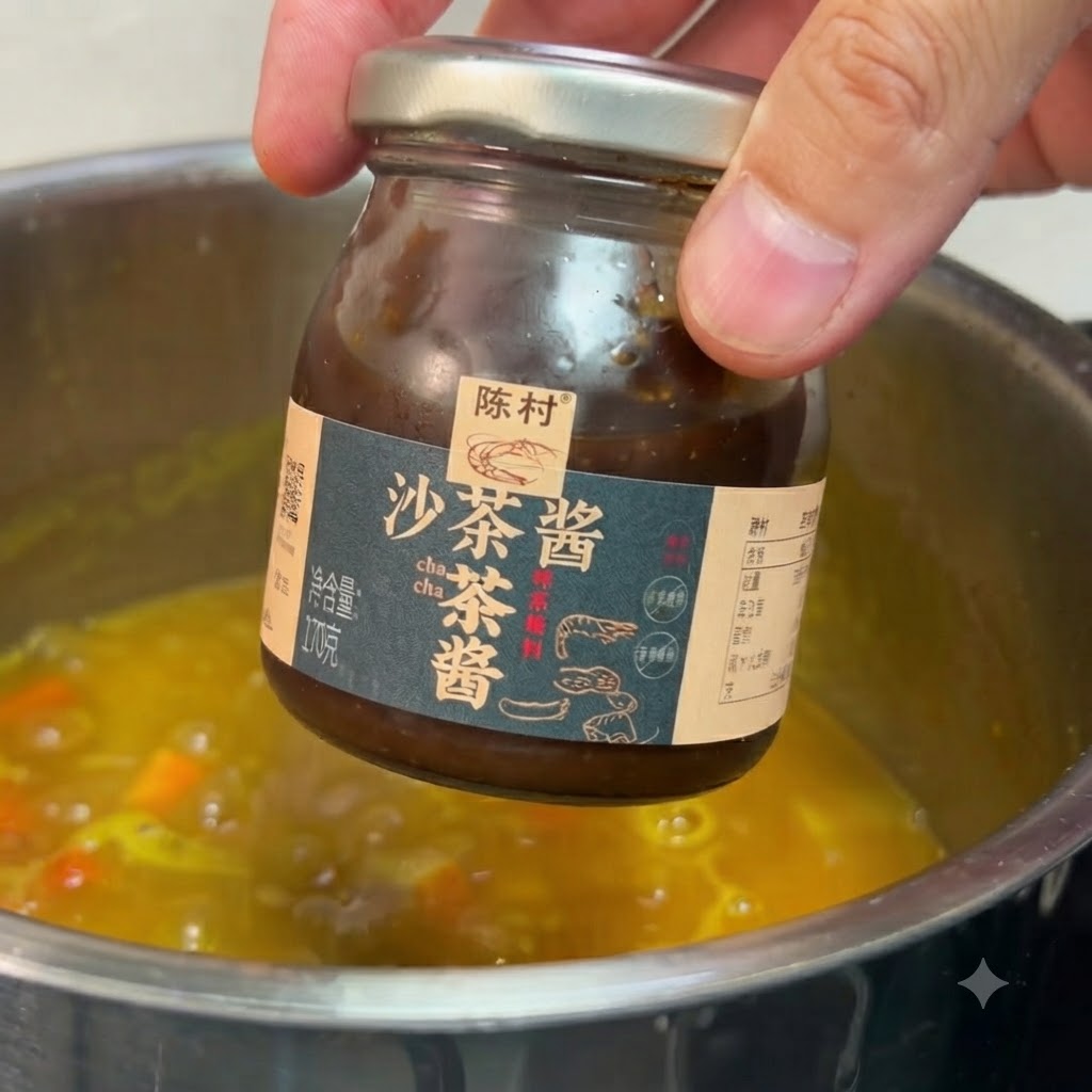 A hand holding a small jar of satay sauce over a simmering pot of vibrant yellow curry.