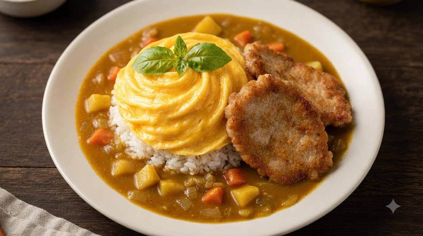 Japanese-Style Curry Pork Cutlet Rice with Swirl Omelet