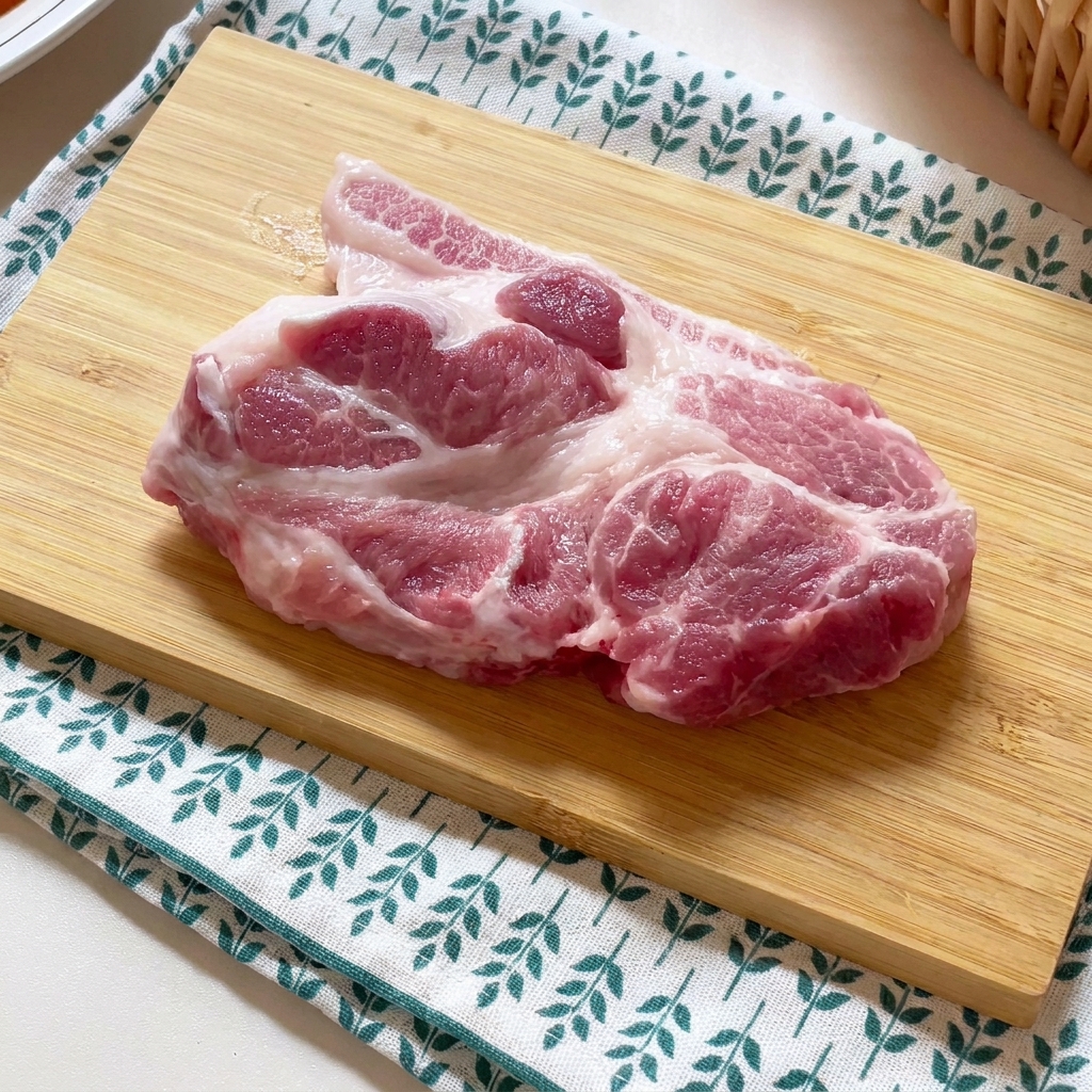 A raw pork cutlet being pounded with a meat mallet on a wooden board.