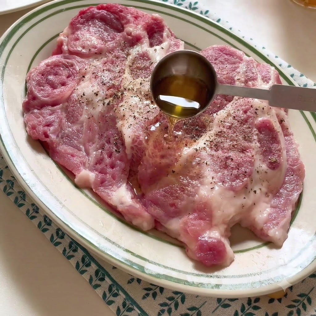 Pork cutlet on a plate being seasoned with cooking wine and spices.