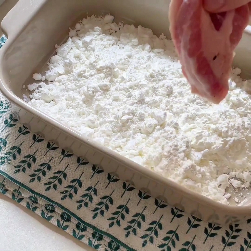 A piece of pork being dipped into a baking dish filled with white starch.