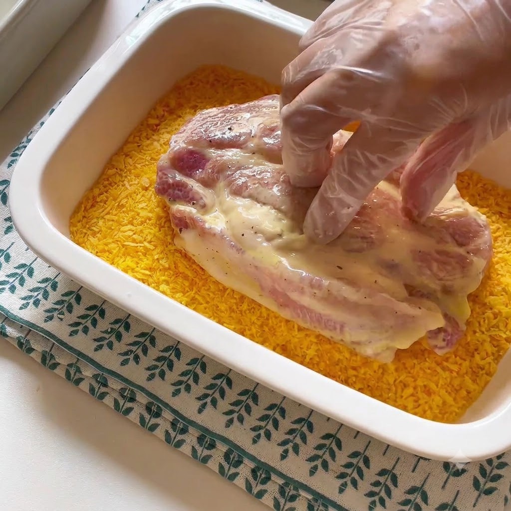 A pork cutlet being pressed into a tray of yellow breadcrumbs using gloved hands.