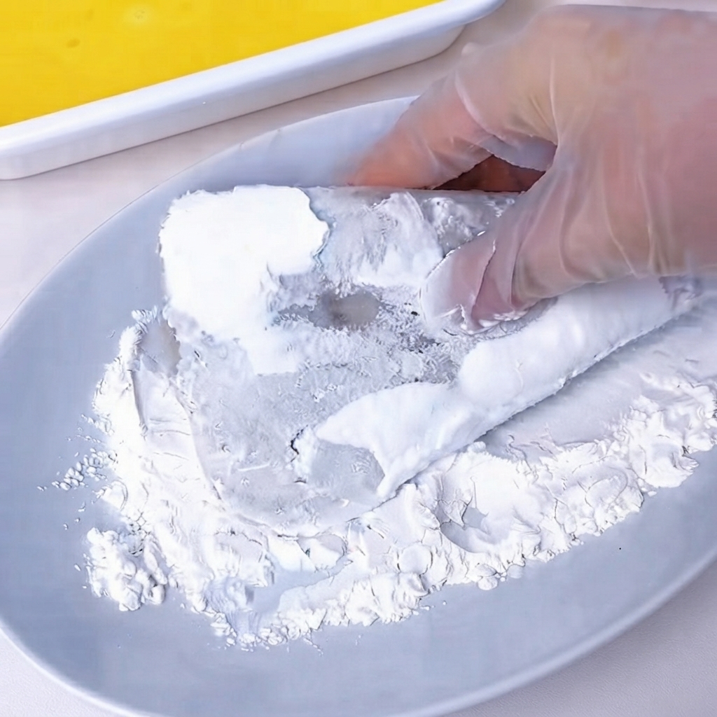 A gloved hand dipping a flour-coated shrimp cutlet into a container of bright yellow beaten egg wash.