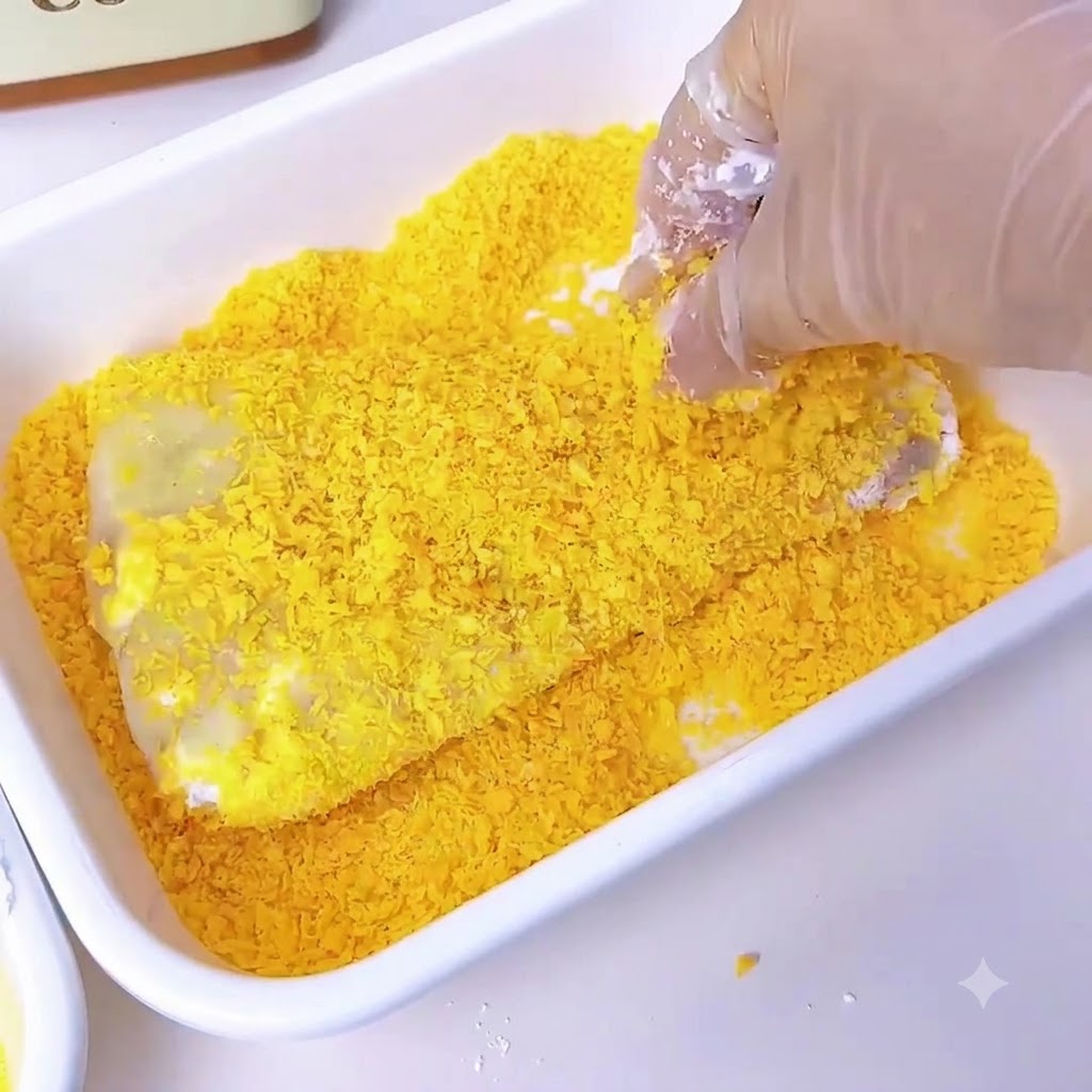 A gloved hand pressing an egg-coated cutlet into a container filled with crispy yellow panko breadcrumbs.
