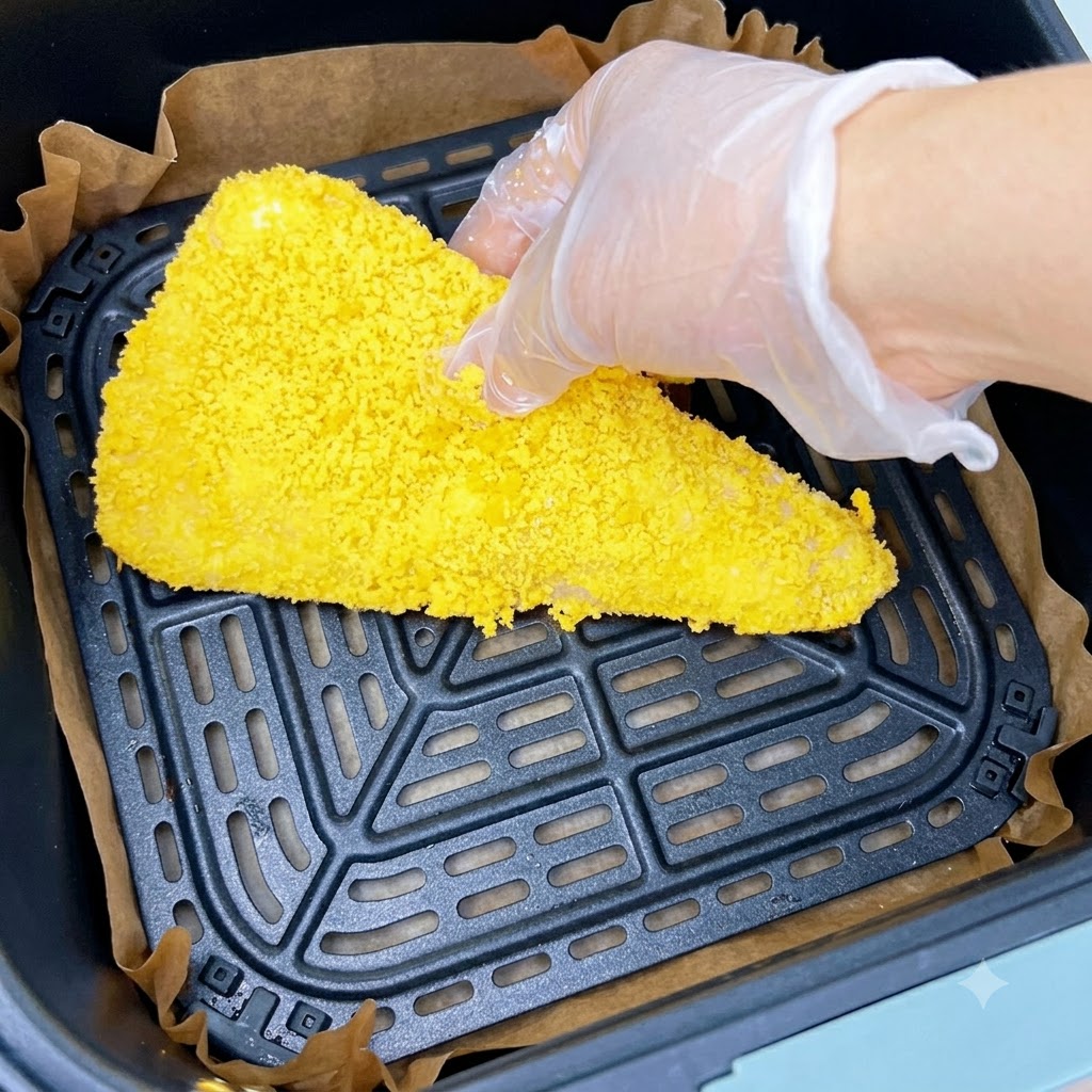 A fully breaded yellow shrimp cutlet being placed inside an air fryer basket lined with baking paper.