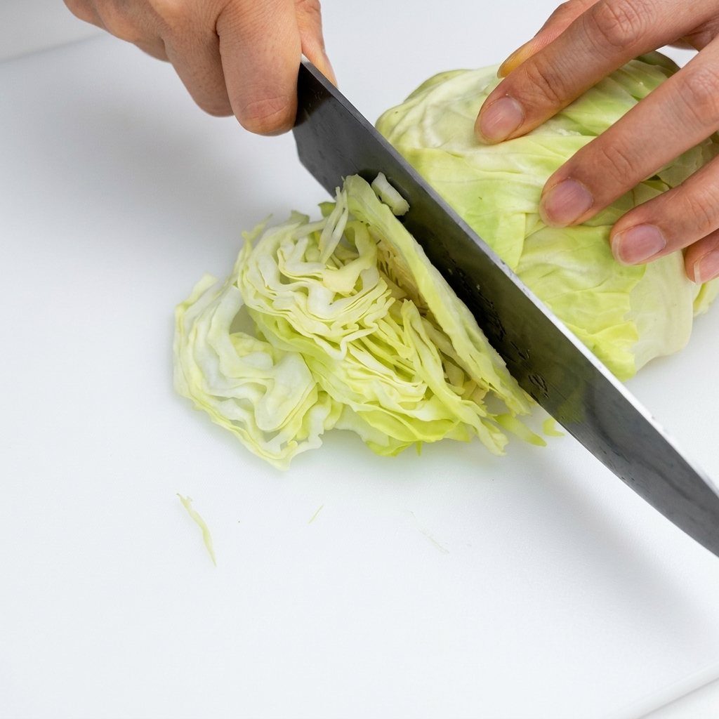 A kitchen knife slicing a fresh head of cabbage into fine, thin shreds on a white cutting board.
