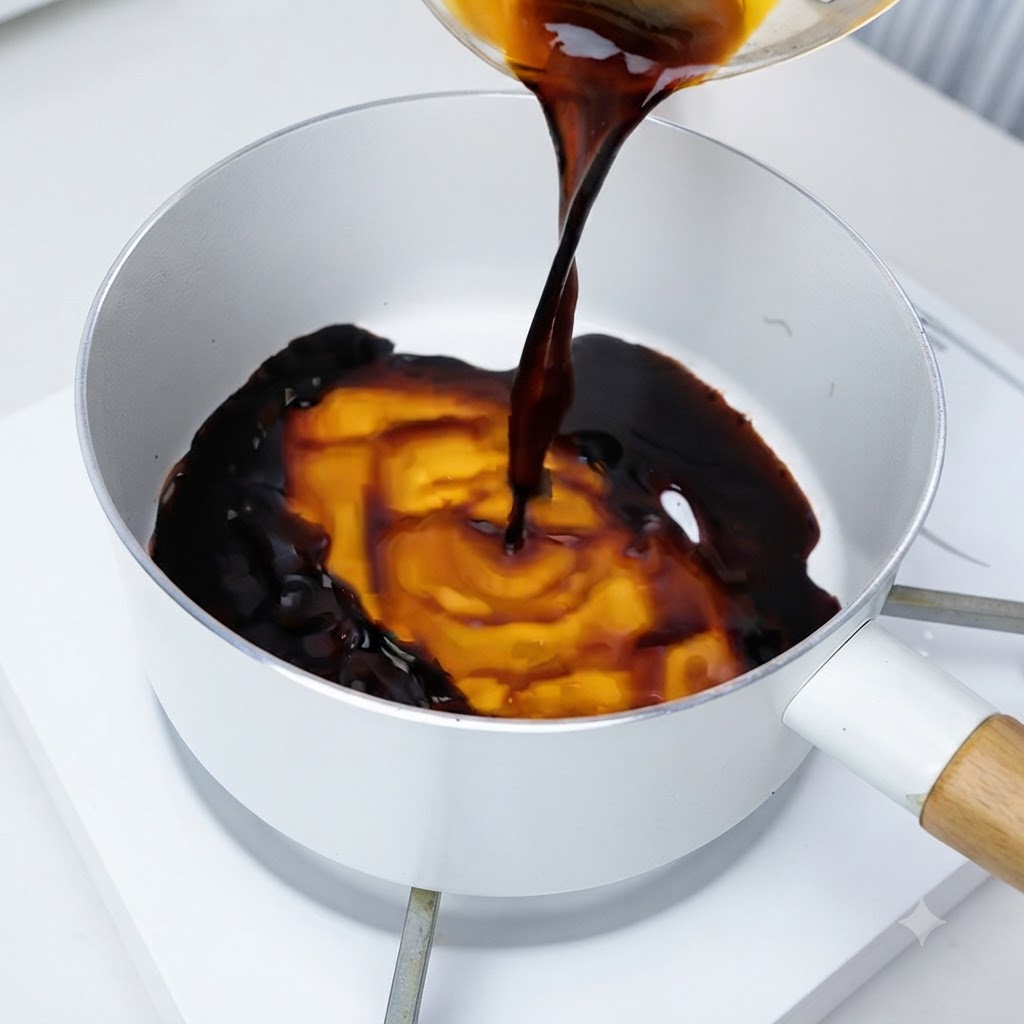 A dark savory sauce being poured and whisked in a light-colored pan on a burner.