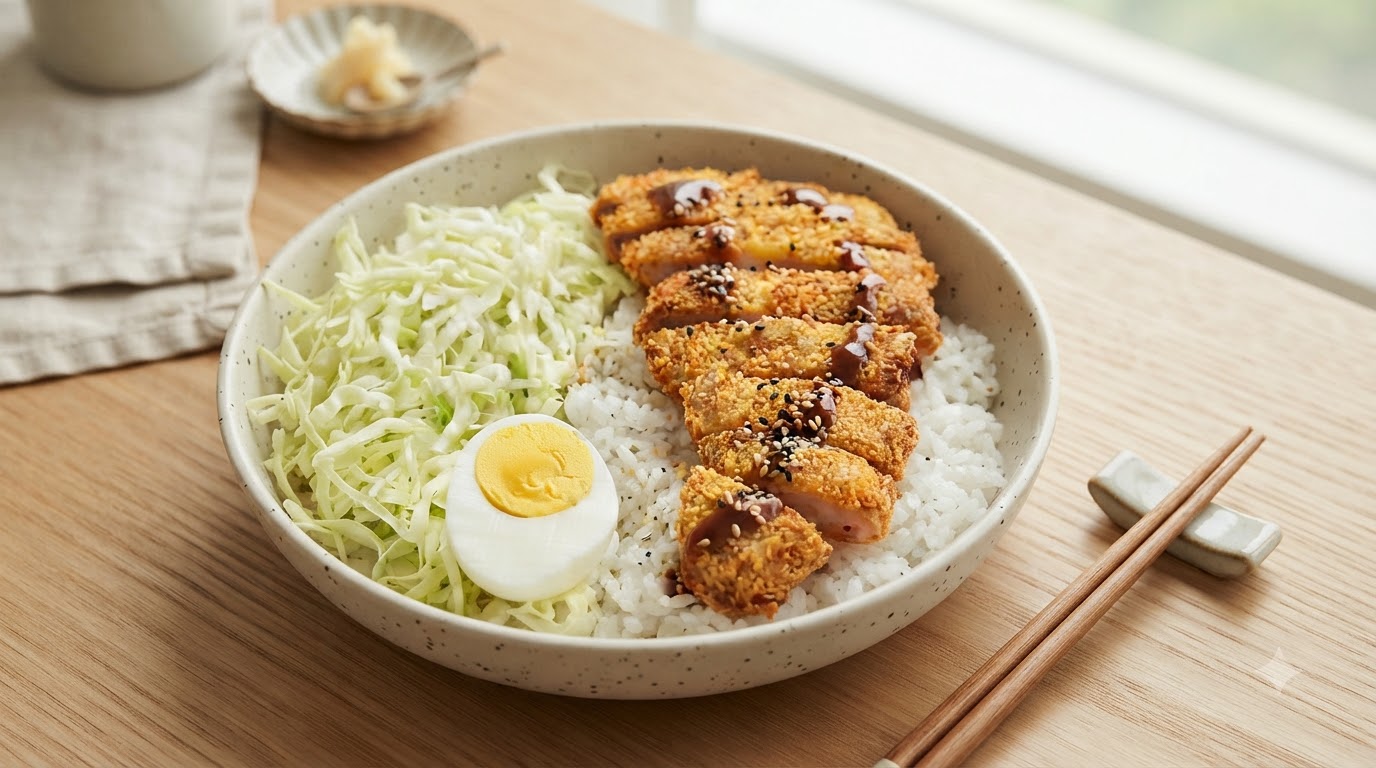 A golden-brown crispy shrimp cutlet rice bowl served with shredded cabbage, white rice, and a boiled egg half.