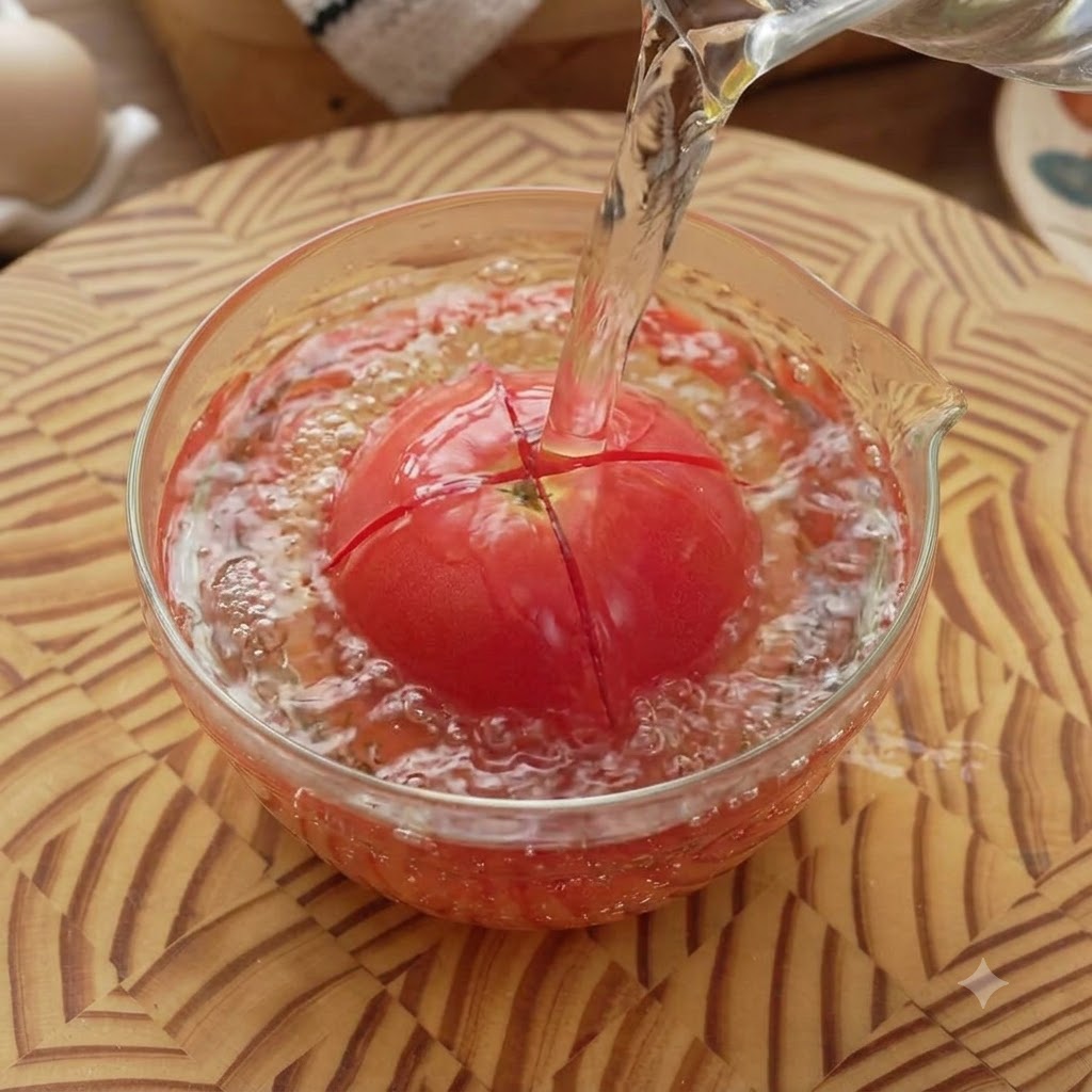 A red tomato submerged in a glass bowl of hot water with water being poured over it.