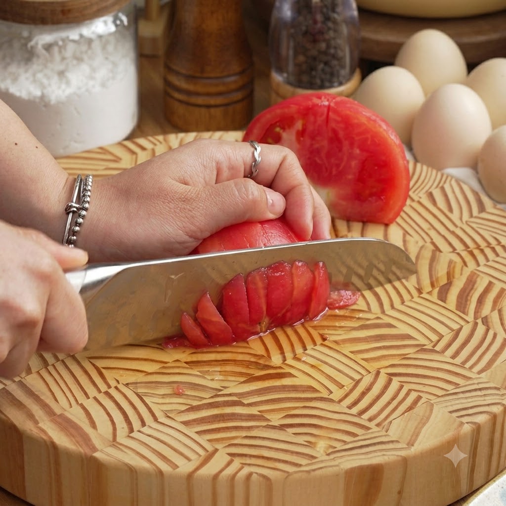 A chefs hand using a knife to dice a tomato half on a patterned wooden cutting board.