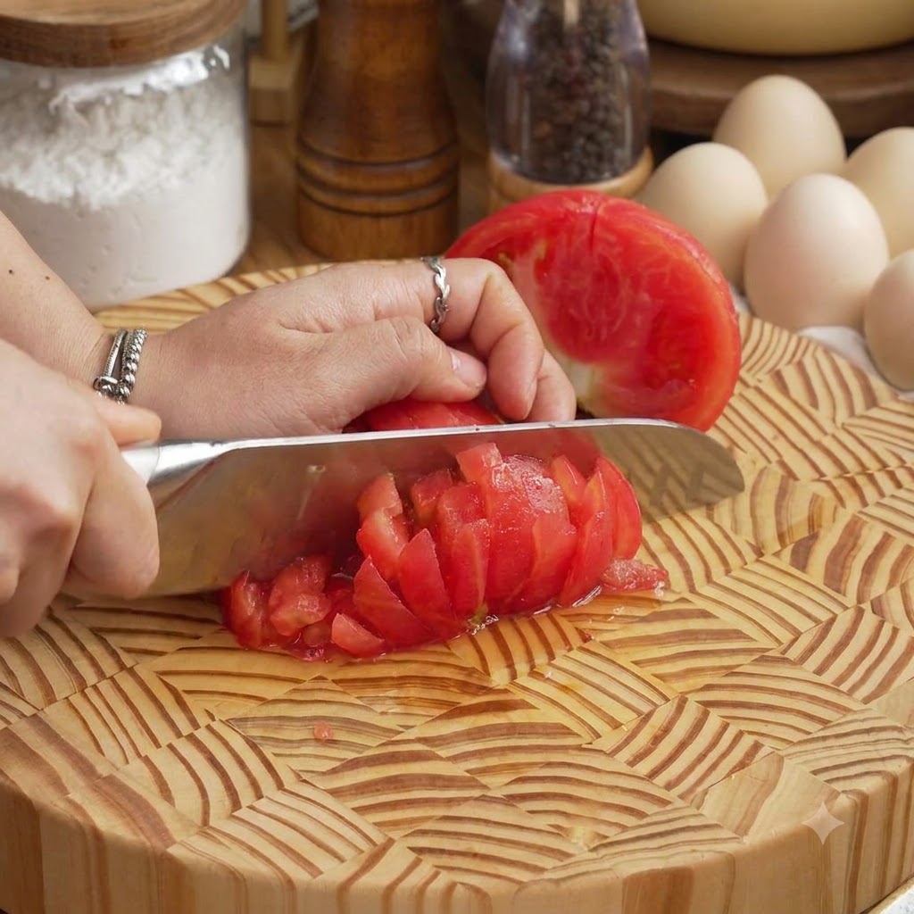 A person dicing a carrot into small cubes on a wooden cutting board next to eggs and flour.