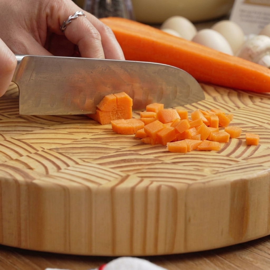 A knife slicing through red onion pieces on a wooden cutting board with a whole carrot nearby.