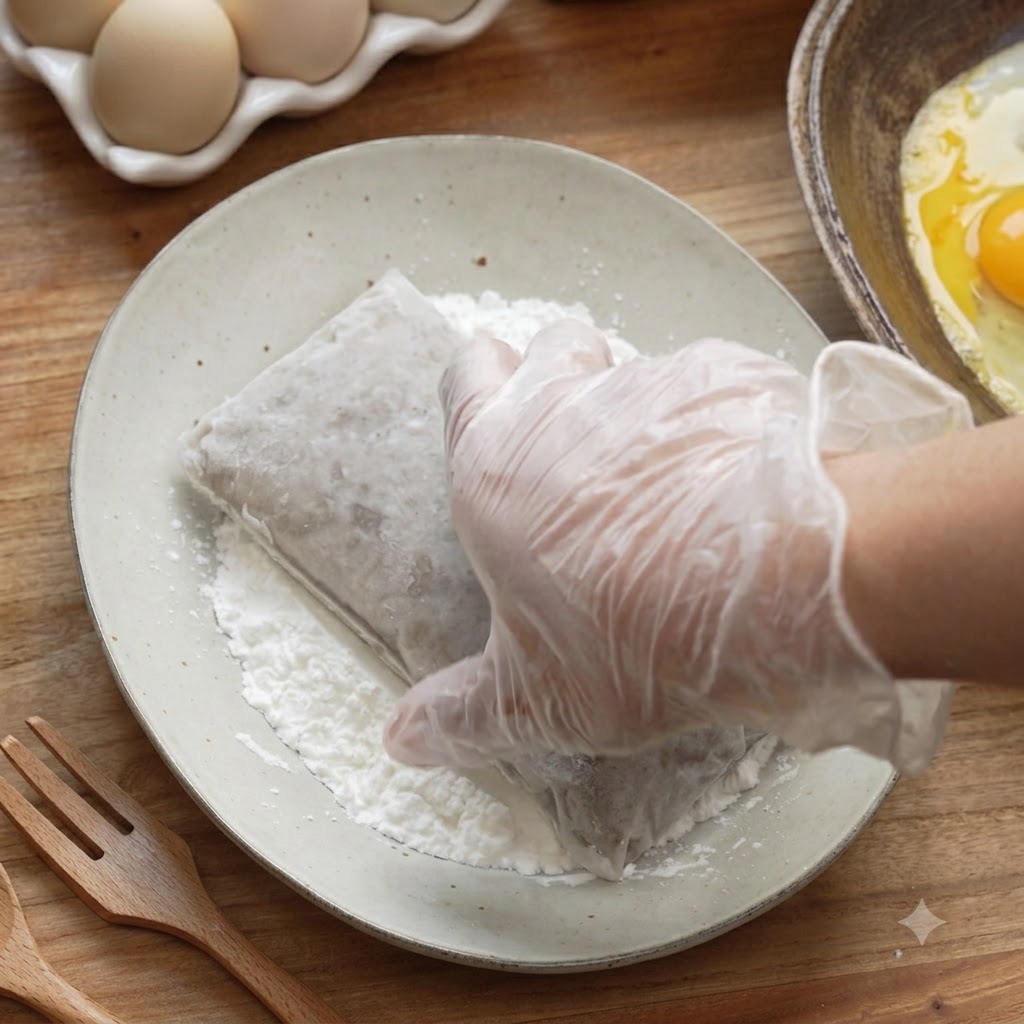 A gloved hand pressing a frozen shrimp paste block into flour on a light-colored plate.