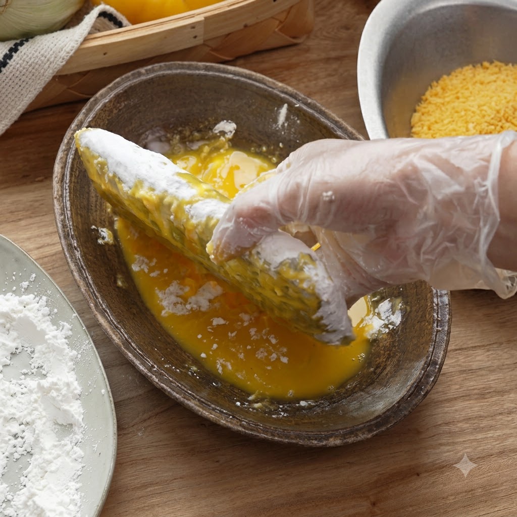 A gloved hand dipping the breaded cutlet into a bowl of beaten yellow egg wash.