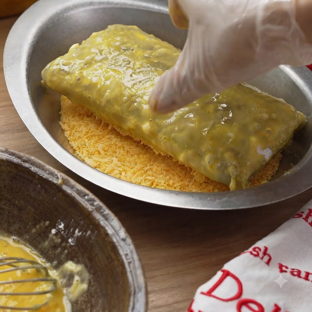 A frozen shrimp paste block being gently pressed into a layer of golden breadcrumbs in a metal tray.