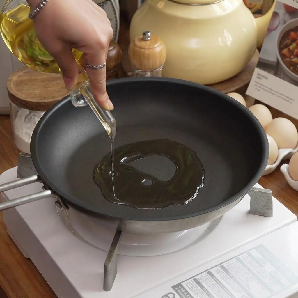 Oil being poured into a frying pan on a stove next to eggs and kitchen utensils.
