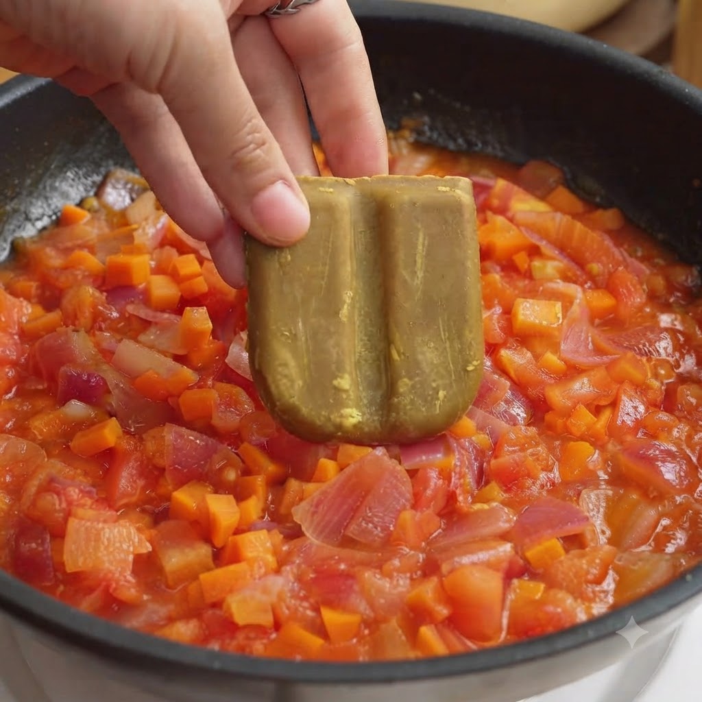A hand holding a curry cube over a pan filled with a mixture of chopped tomatoes, onions, and carrots.