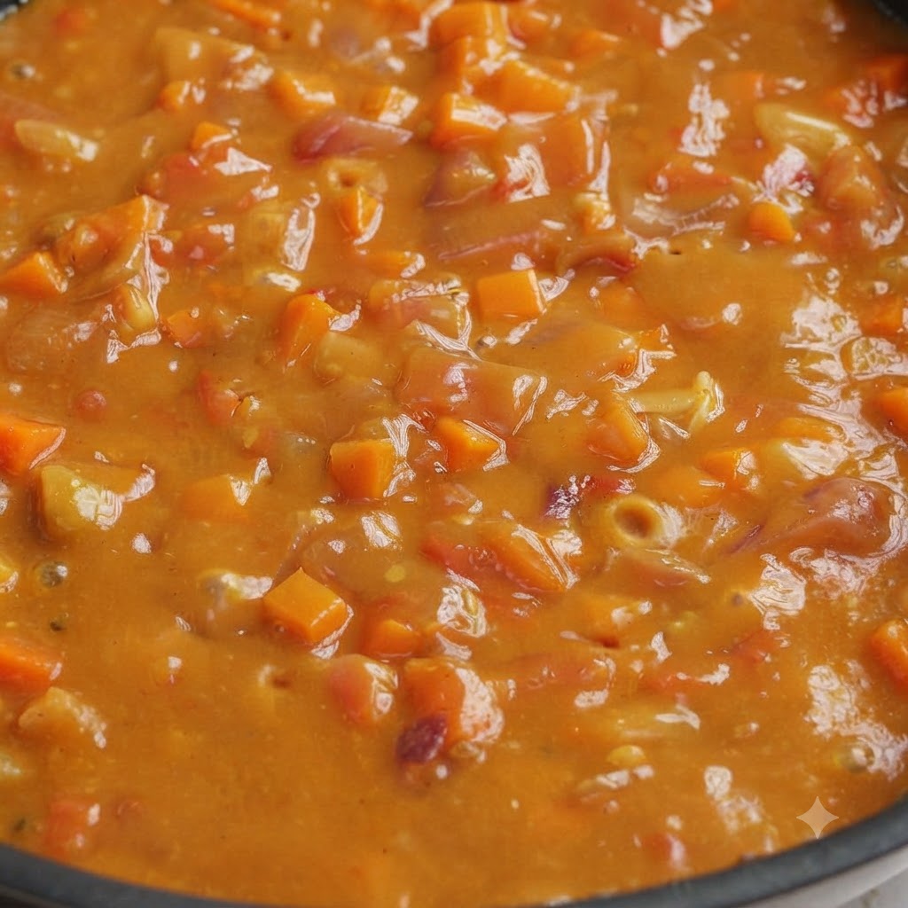 A close-up view of a thick, creamy curry sauce simmering with finely chopped carrots and tomatoes in a pan.