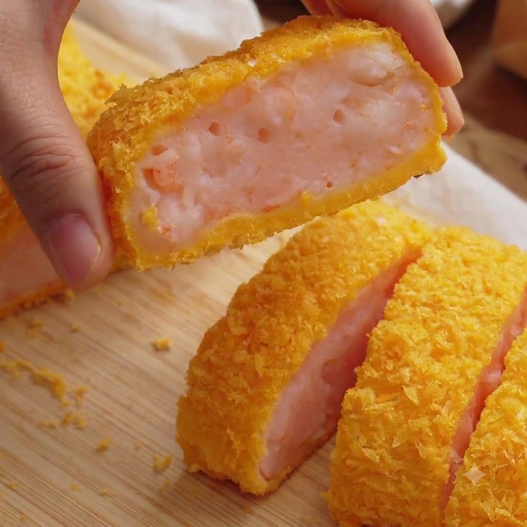 A hand holding up a freshly sliced piece of a crispy golden shrimp cutlet showing the pink shrimp texture inside.