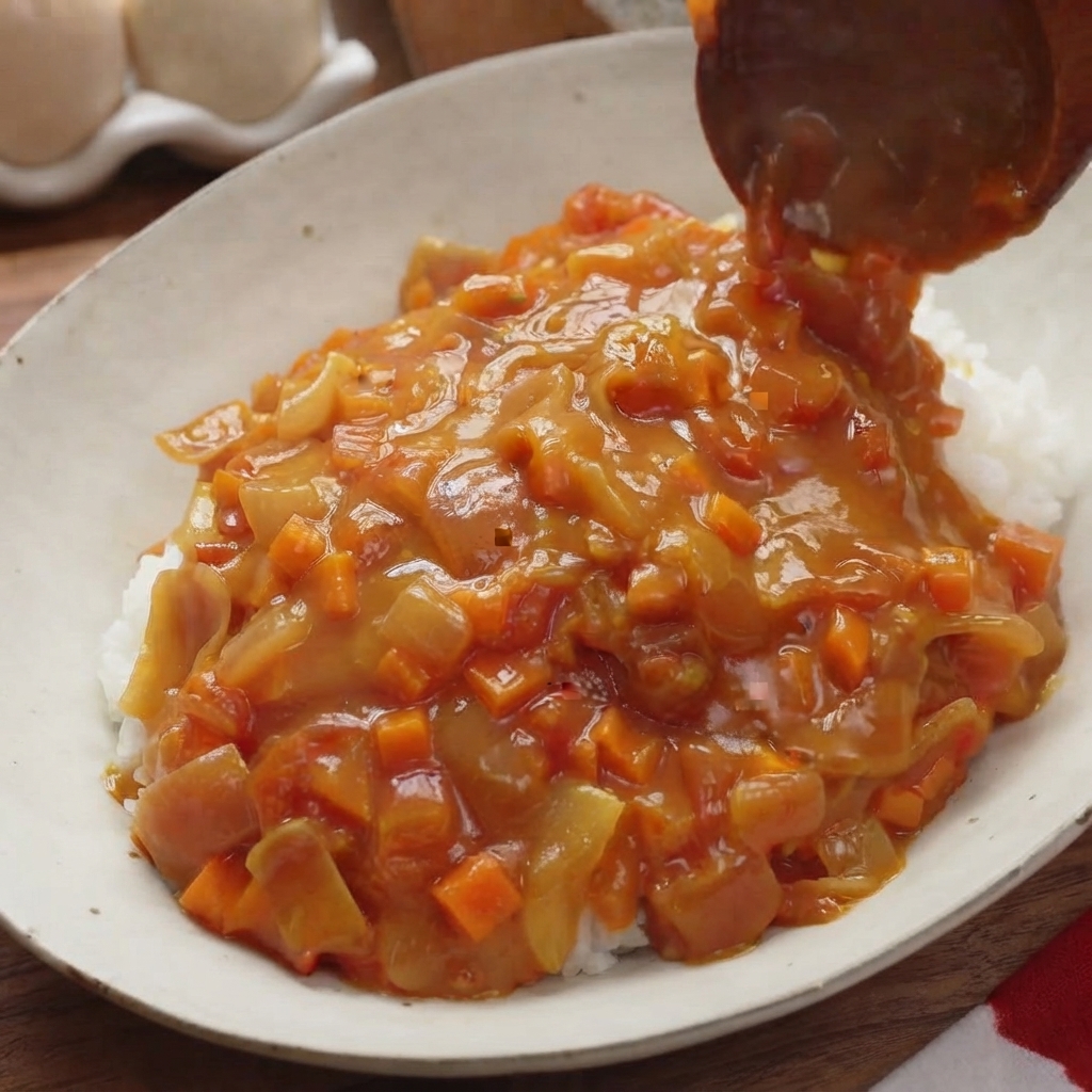 A wooden spoon ladling thick, chunky tomato and carrot curry sauce directly onto a bed of white rice.