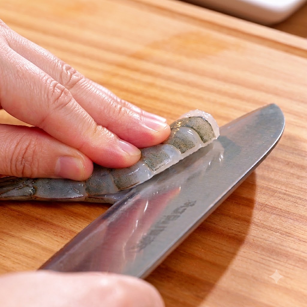 A hand holding a knife to butterfly cut the back of a raw shrimp on a wooden cutting board.