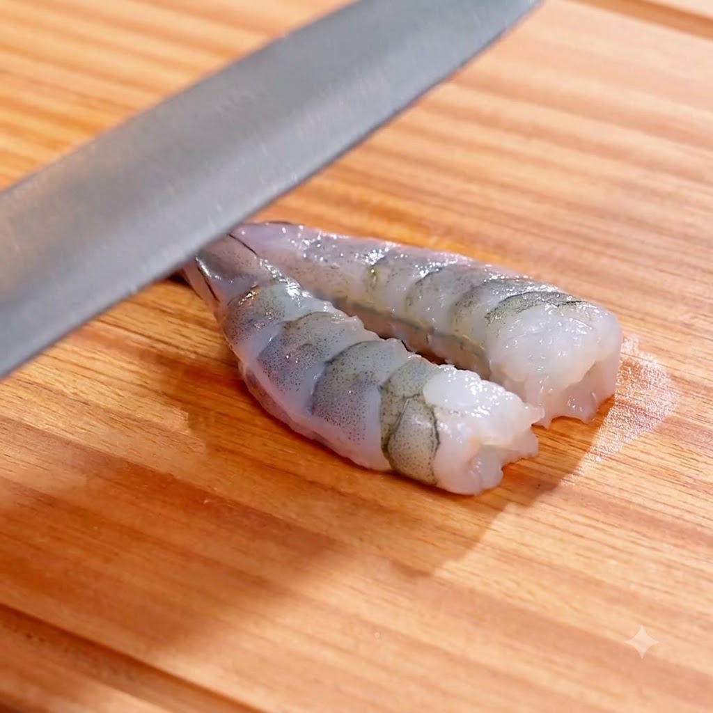 A pair of butterfly shrimp being coated in starch and dipped in egg wash inside a white container.