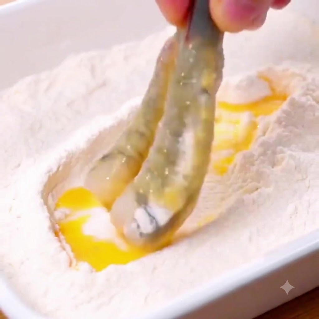 A breaded shrimp being lifted from a tray filled with yellow golden breadcrumbs.